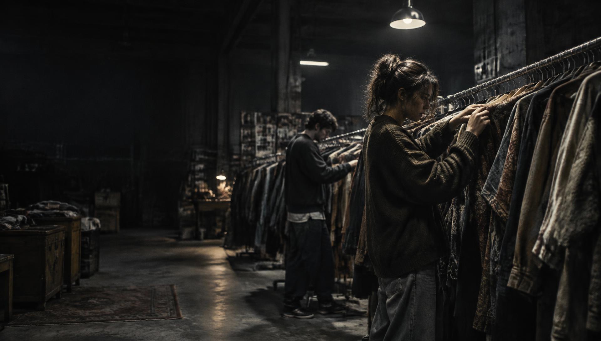 Sorting racks of secondhand clothing in the Shedd warehouse